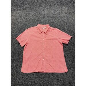 Erika Womens Red White Gingham Check Button Down Short Sleeve Cotton Shirt XL